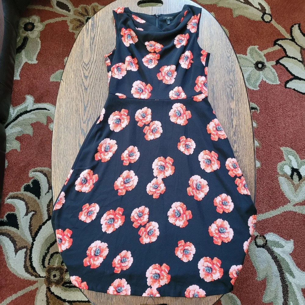 Talbots Black Coral Red Poppy Print Drape Neck Sleeveless Dress Size Women's 2P